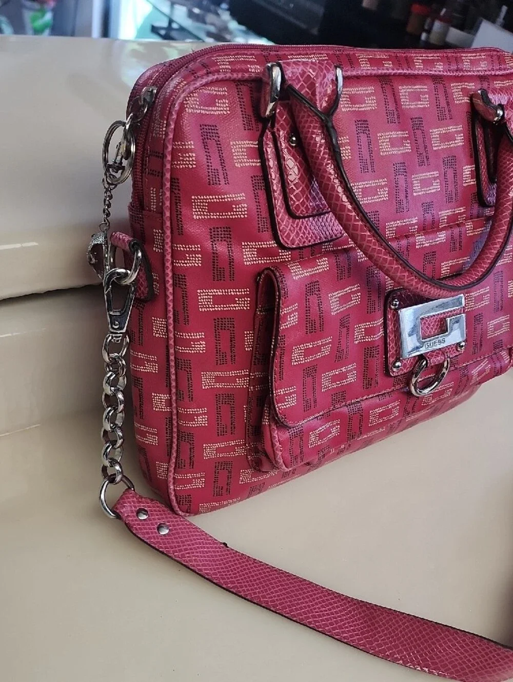 Guess Pink Logo-Print Satchel with Silver Hardware
